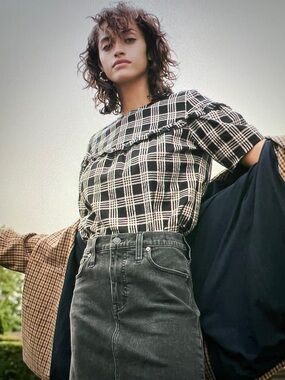 Madewell Metallic Plaid Ruffle Yoke Top